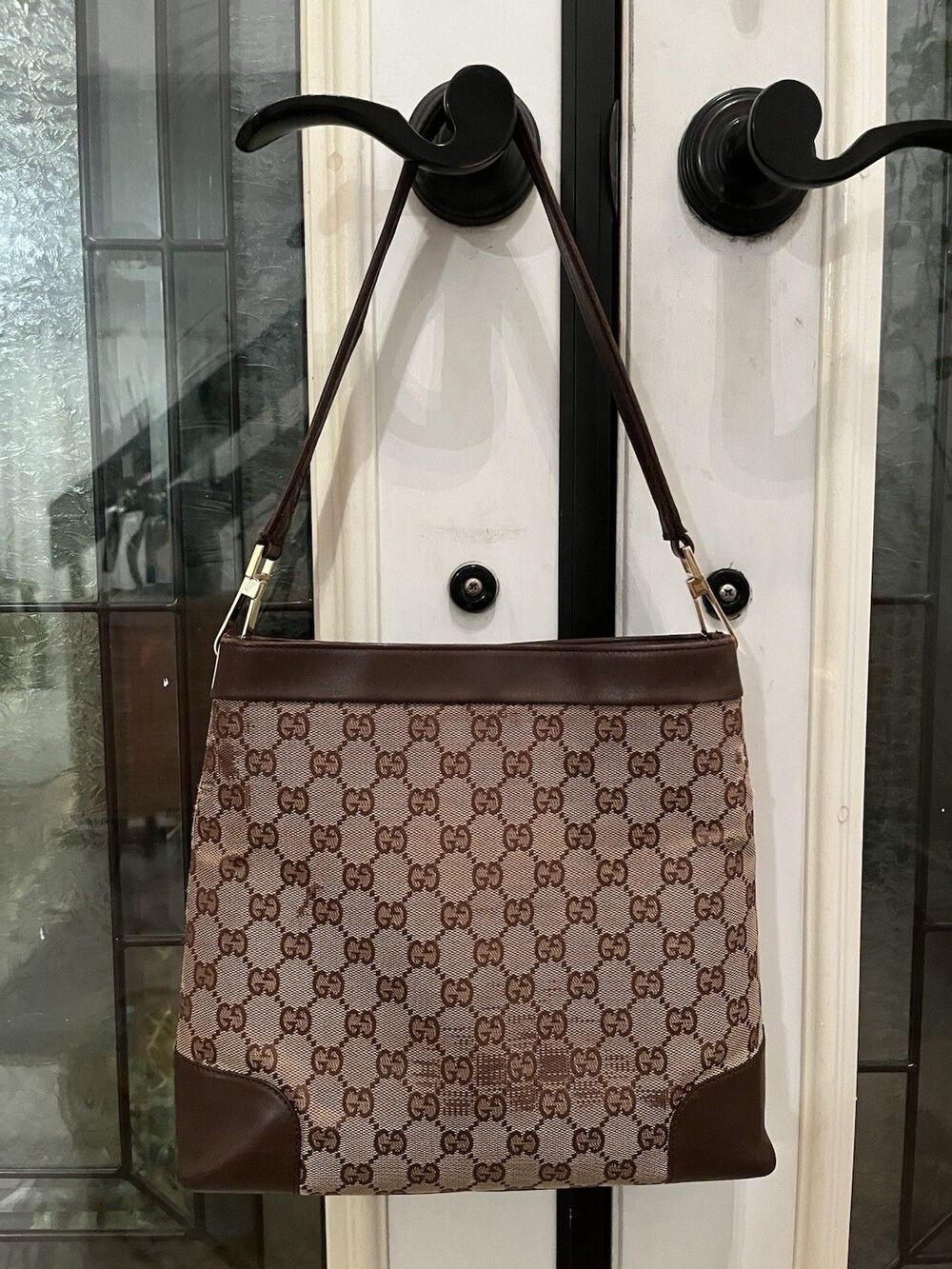 Auth Gucci Jackie GG Canvas Leather Beige Dark Brown Shoulder Bag